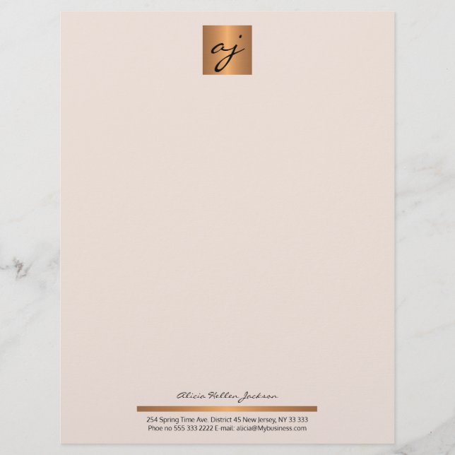 Membrete Monograma de oro de cobre rosa elegante femenino (Anverso)