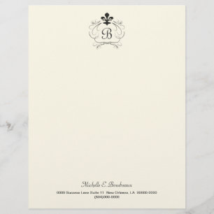 Membrete Monograma elegante blanco negro de la flor de lis