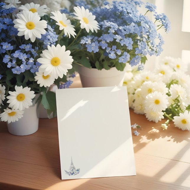 Membrete Monograma floral de la Torre Eiffel de París (Paris Eiffel Tower Watercolor Floral Monogram Letterhead)