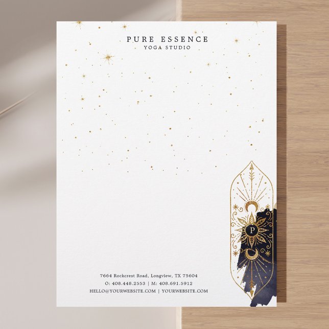 Membrete Monograma holístico del Sol Celestial y la Luna Ti (Holistic Celestial Sun & Moon Dark Ink Monogram Letterhead)