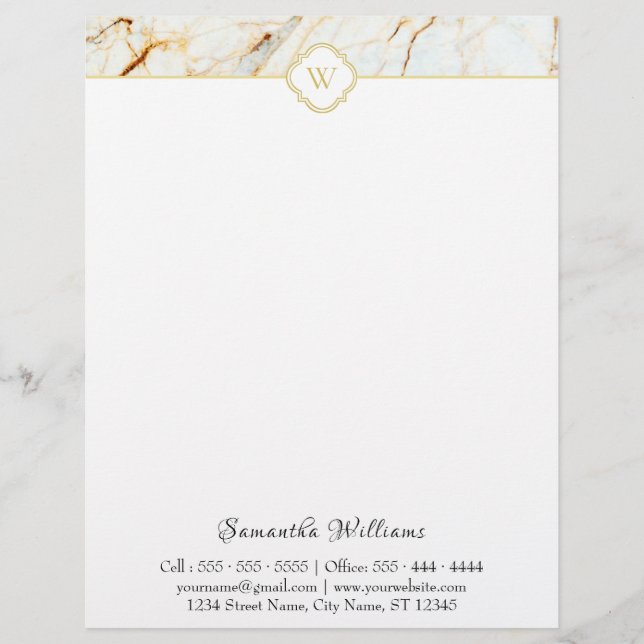 Membrete Monograma Marble Elegante Letrero Blanco Oro (Anverso)