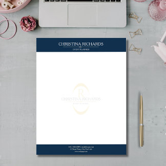 Membrete Monograma Navy Blue Modern Elegant Business