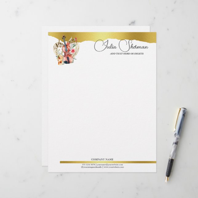 Membrete Monograma Violín dorado guión moderno Minimalista (Anverso/Reverso In Situ)
