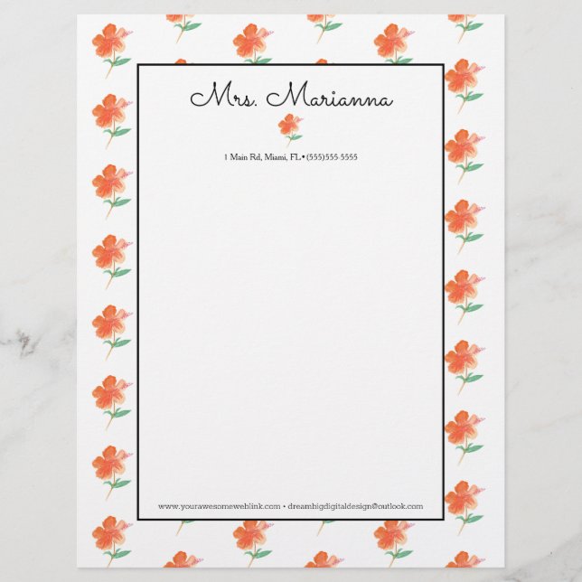 Membrete Naranja de acuarela de mano Hibiscus Summer Script (Anverso)