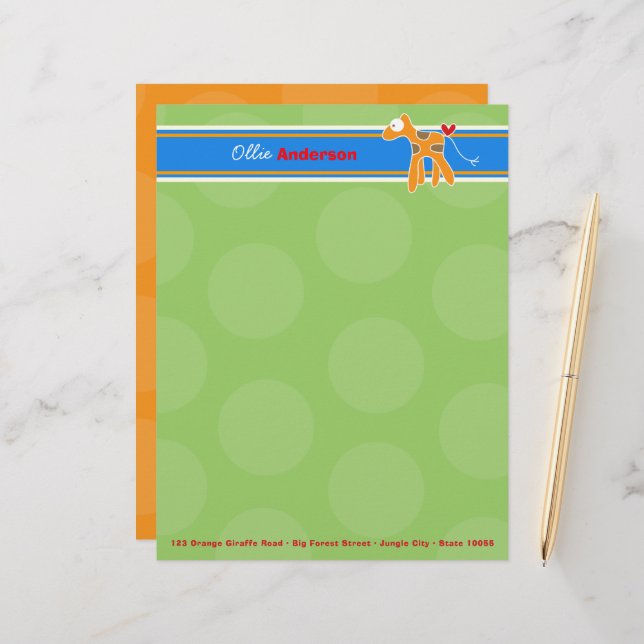 Membrete Naranja personalizado Giraffe Green Dots Kid Child (Anverso/Reverso In Situ)