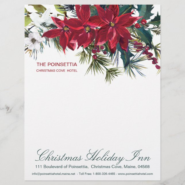 Membrete Navidades de acuarela Poinsettia & Holly, pino (Anverso)