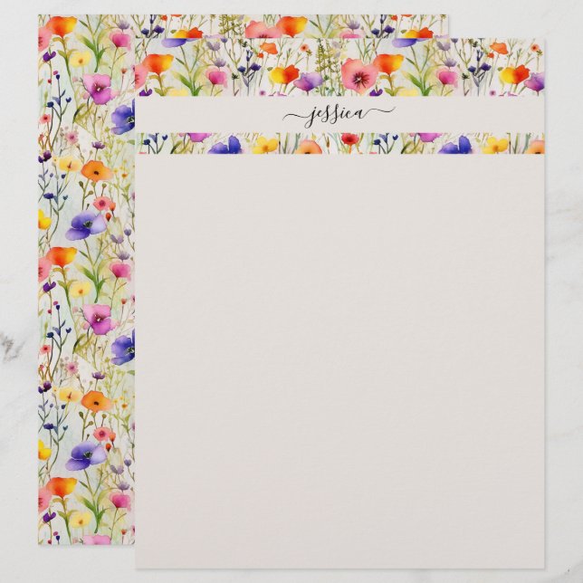Membrete Nombre del guión elegante de flores silvestres (Anverso / Reverso)