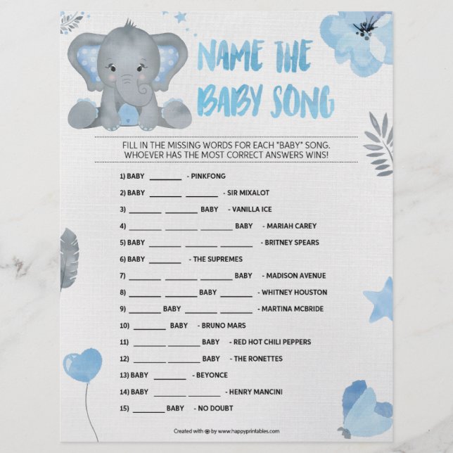 Membrete Nombre esa canción del bebé [Elefante del bebé [Az (Anverso)