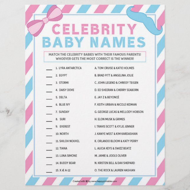Membrete Nombres de bebés de celebridades [sorpresa de géne (Anverso)