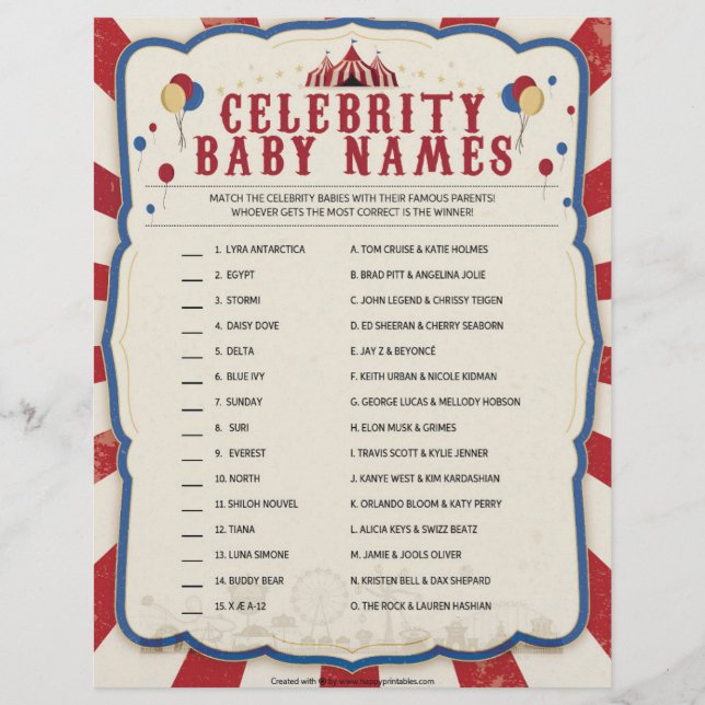Membrete Nombres de bebés de celebridades [Tema del circo] (Anverso)