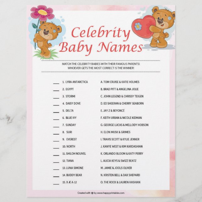 Membrete Nombres de bebés famosos [Teddy Bears] (Anverso)