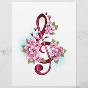Membrete Notas de clave de sol musical con flores de Sakura