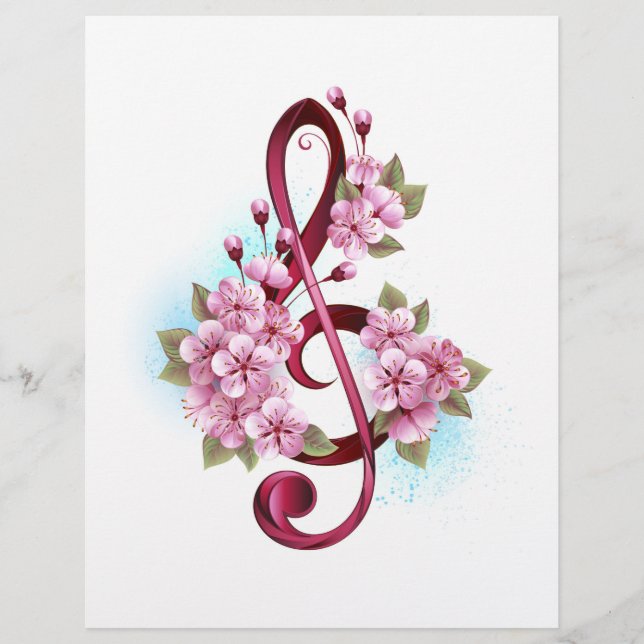 Membrete Notas de clave de sol musical con flores de Sakura (Anverso)