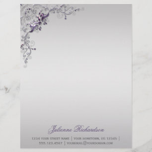 Membrete Ornate Purple Silver Floral Swirls Letterhead