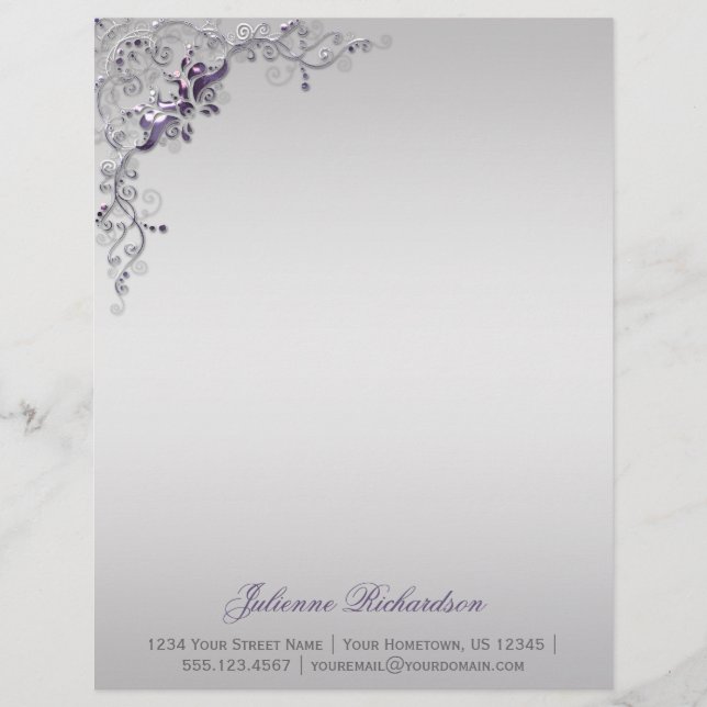 Membrete Ornate Purple Silver Floral Swirls Letterhead (Anverso)