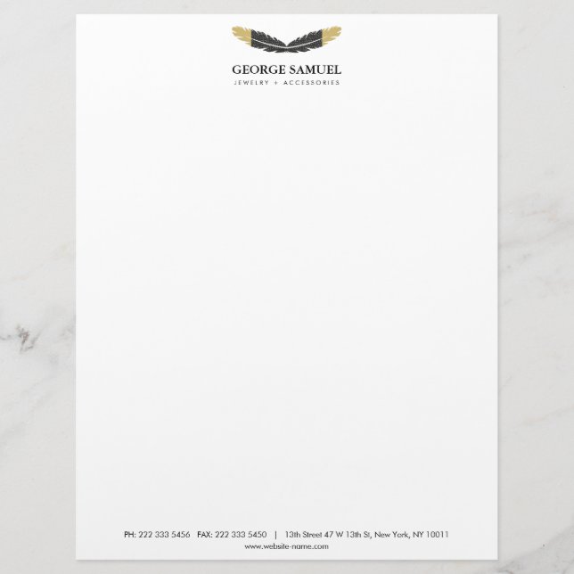 Membrete Oro Moderno con Plumas Boho Diseñador Blanco (Anverso)