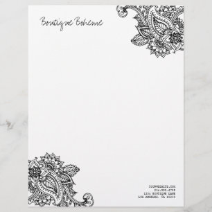 Membrete Paisley Henna, bohemia ilustrada en blanco y negro