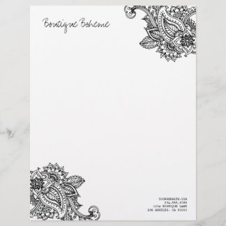 Membrete Paisley Henna, bohemia ilustrada en blanco y negro