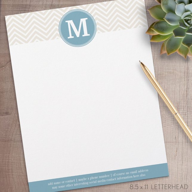Membrete Pastel Azul y Linen Chevrons Personalizados Monogr (Personalized Letterhead )