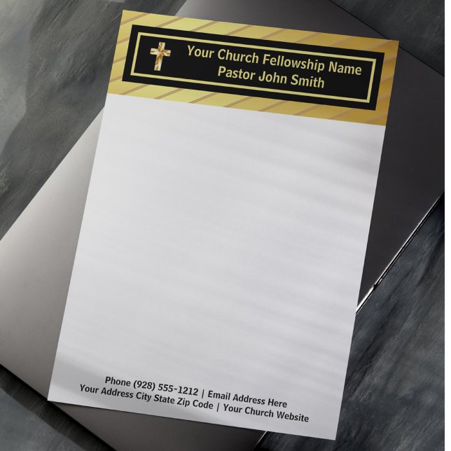Membrete Pastor De La Iglesia Clásico Oro Y Negro (Church Pastor Classy Gold And Black Letterhead)