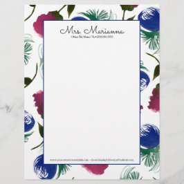 Membrete Patrón de arte floral azul burgundy acuarela a man