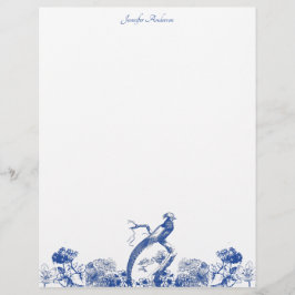 Membrete Patrón de China floral azul y blanca con pájaro