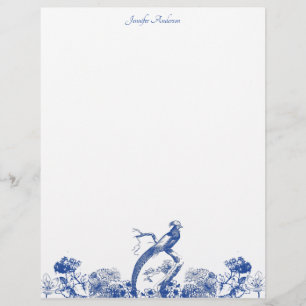 Membrete Patrón de China floral azul y blanca con pájaro