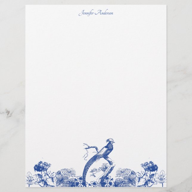 Membrete Patrón de China floral azul y blanca con pájaro (Anverso)