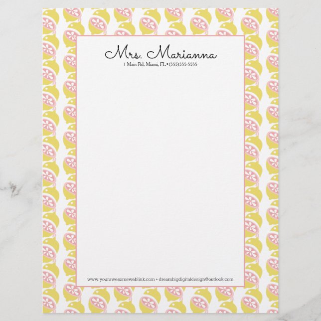 Membrete Patrón de verano de goteo de limón amarillo y rosa (Anverso)