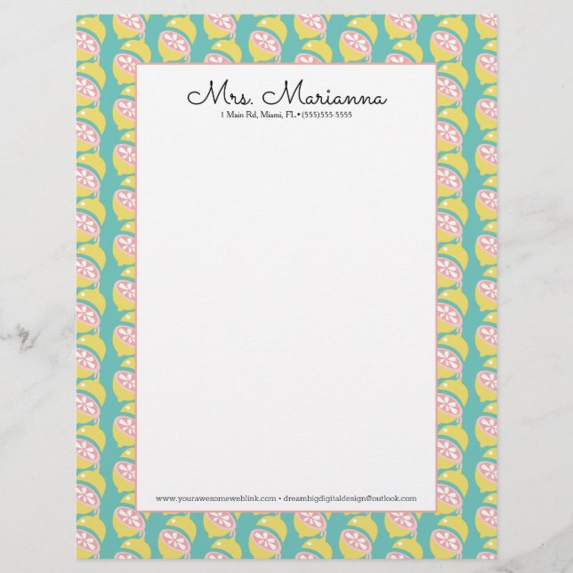 Membrete Patrón de verano de goteo de limón amarillo y rosa (Anverso)