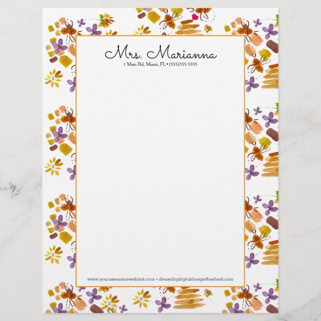 Membrete Patrón floral botánico de abeja acuarela de mano (Anverso)