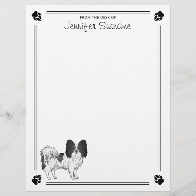 Membrete Perro Papillon Blanco Y Negro Con Patas Y Texto (Anverso)