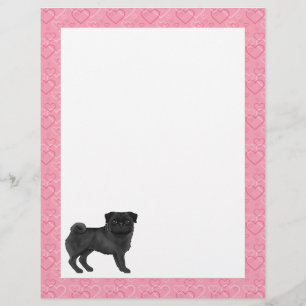 Membrete Perro Pug Negro Patrón de Corazones de Amor en Ros
