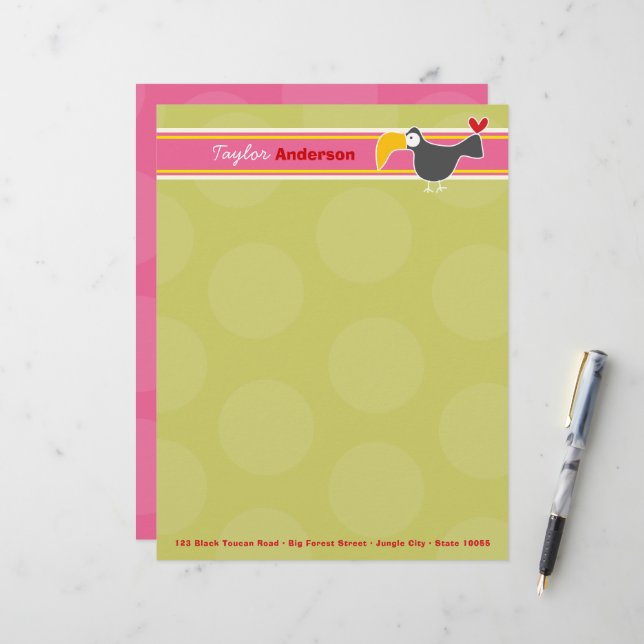 Membrete Personalizado Black Toucan Bird Green Dods Niños (Anverso/Reverso In Situ)