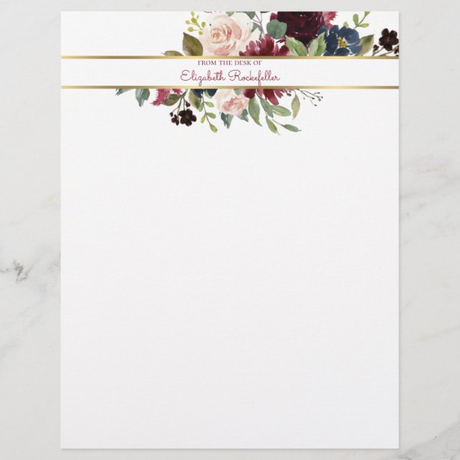 Membrete Personalizado Burgundy Navy Gold Boho Floral Bouqu (Anverso)
