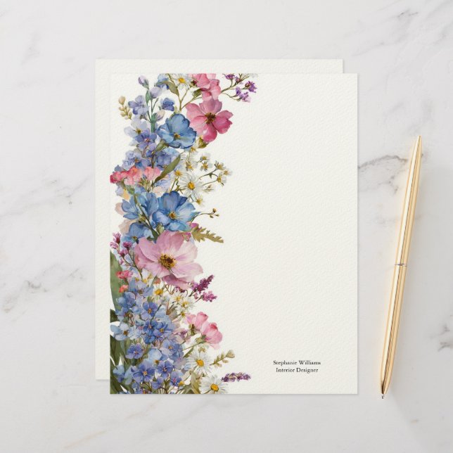 Membrete Personalized Blue Pink White Wildflowers Florals  (Anverso/Reverso In Situ)