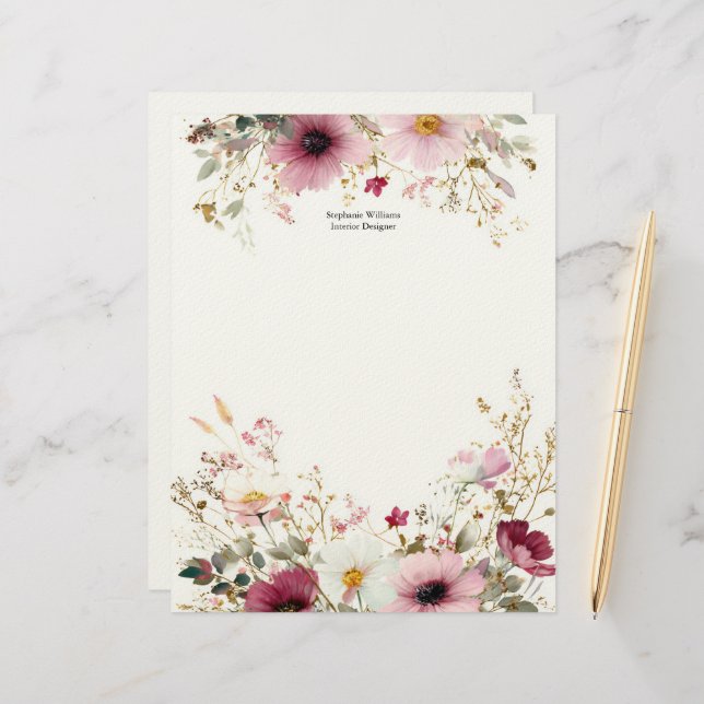 Membrete Personalized Burgundy Pink Wildflowers Florals  (Anverso/Reverso In Situ)