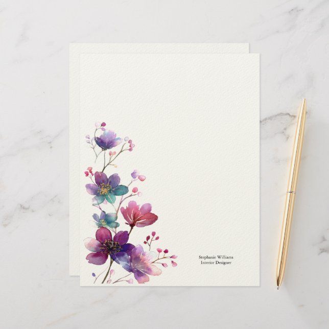 Membrete Personalized Burgundy Purple Wildflowers Florals  (Anverso/Reverso In Situ)