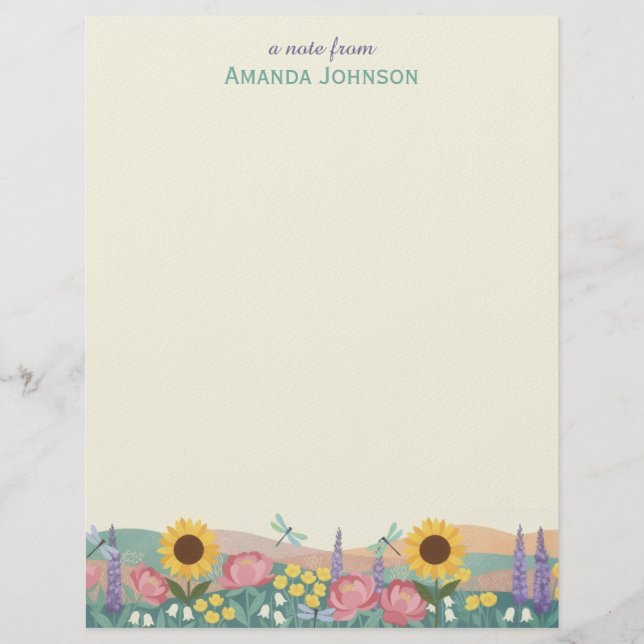 Membrete Personalized Dragonfly Flower Field Custom Name (Anverso)