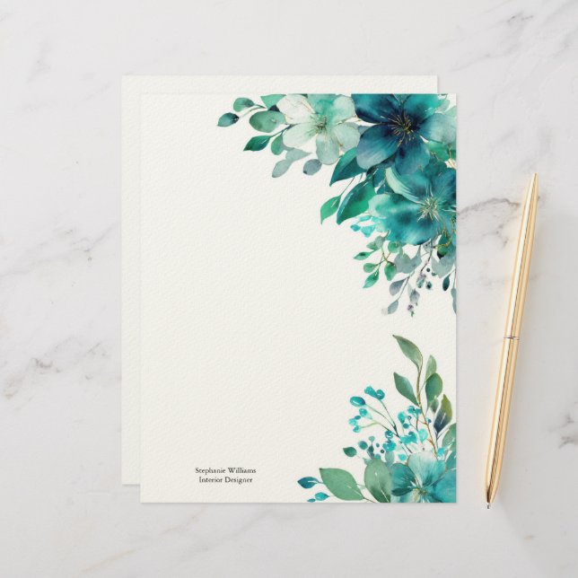 Membrete Personalized Green Teal Wildflowers Florals  (Anverso/Reverso In Situ)