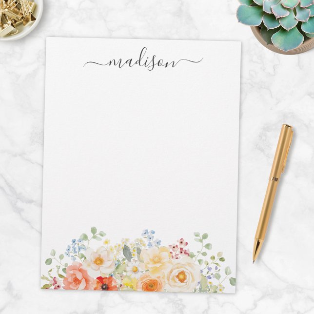 Membrete Personalized Name Monogram Watercolor Sunny Floral (Subido por el creador)