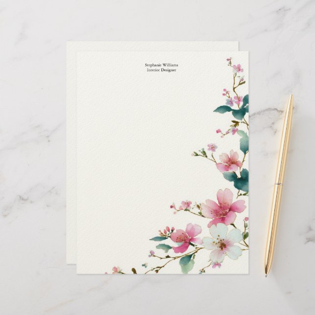 Membrete Personalized  Pink White Wildflowers Florals  (Anverso/Reverso In Situ)