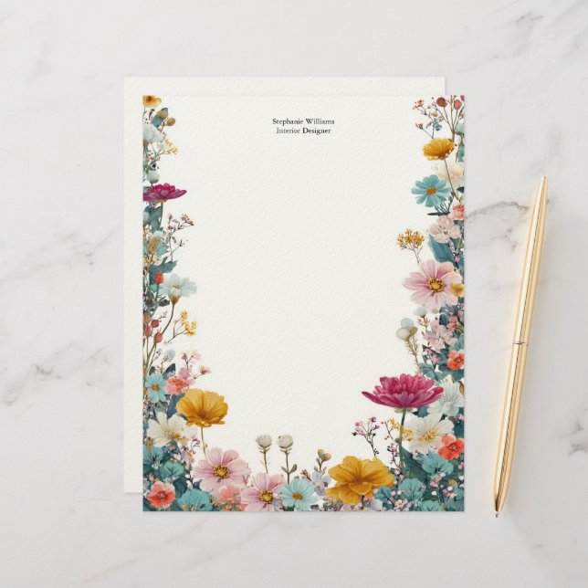 Membrete Personalized Pink Yellow Teal Wildflowers  (Anverso/Reverso In Situ)