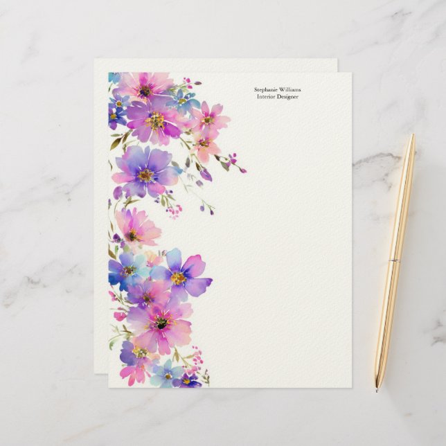 Membrete Personalized Purple Pink Wildflowers Florals  (Anverso/Reverso In Situ)