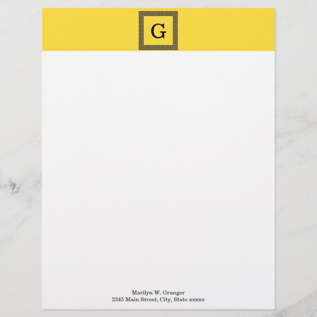 Membrete Piña, llave griega azul de la marina #1 monograma  (Anverso)