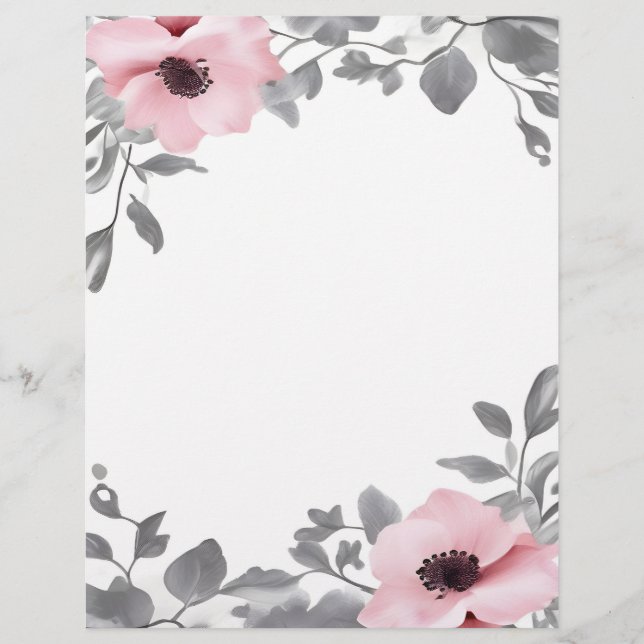 Membrete Pink Flowers Gray Accents Stationery Paper (Anverso)