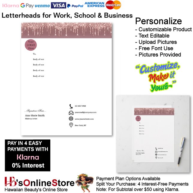 Membrete Pink Trendy Drip Sparkle Glitter Business (Pink Trendy Drip Sparkle Glitter Business Letterhead.)