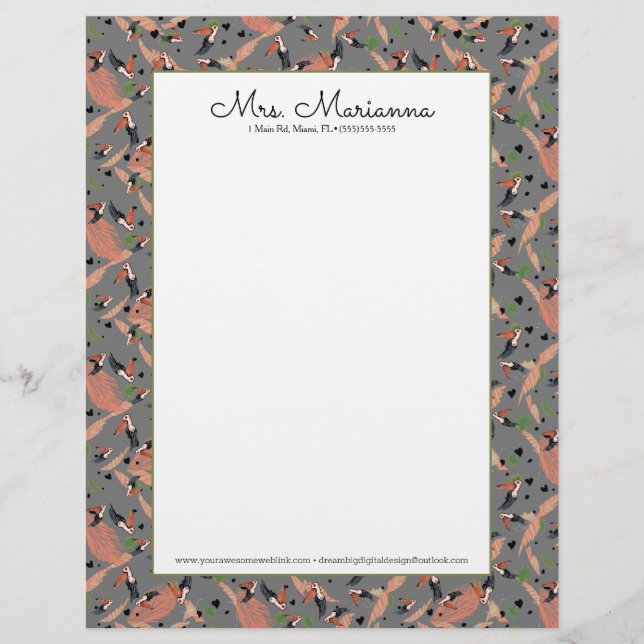 Membrete Pintura de Toucans y patrón de pájaro verde (Anverso)