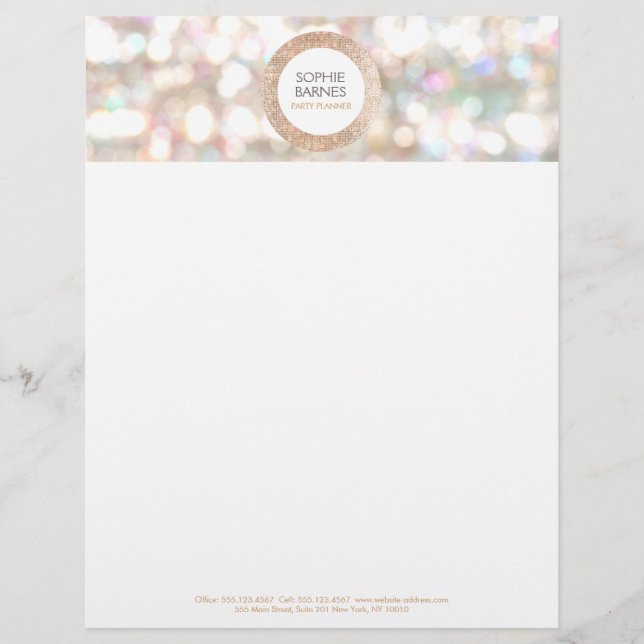 Membrete Planificador de eventos Cute Bokeh y Gold Sequin R (Anverso)