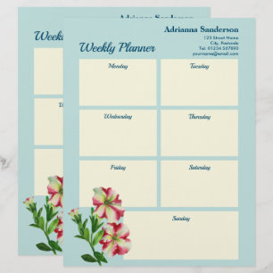 Membrete Planificador Semanal Acuarela Petunias Rosadas y B